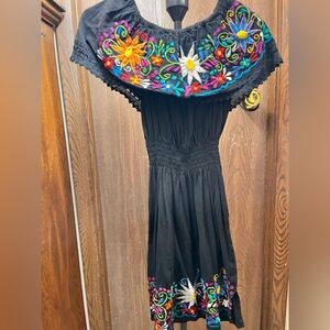 black, off-the-shoulder Mexican embroidered dress